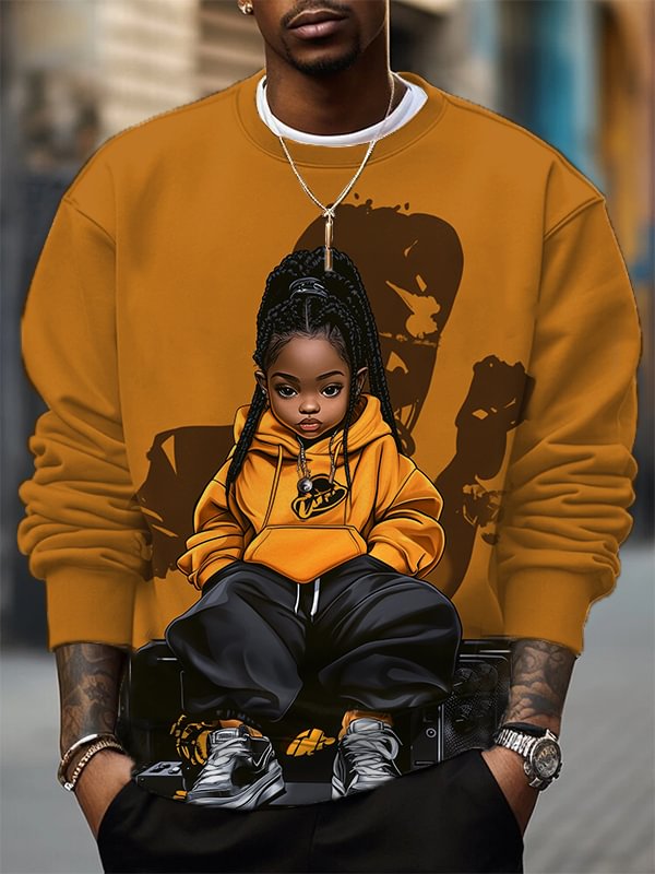 Men's Retro Hip hop Black Little Girl Print Casual Sweatshirt