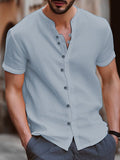 Men's Casual Button V Neck Short Sleeve Plain Linen Shirt
