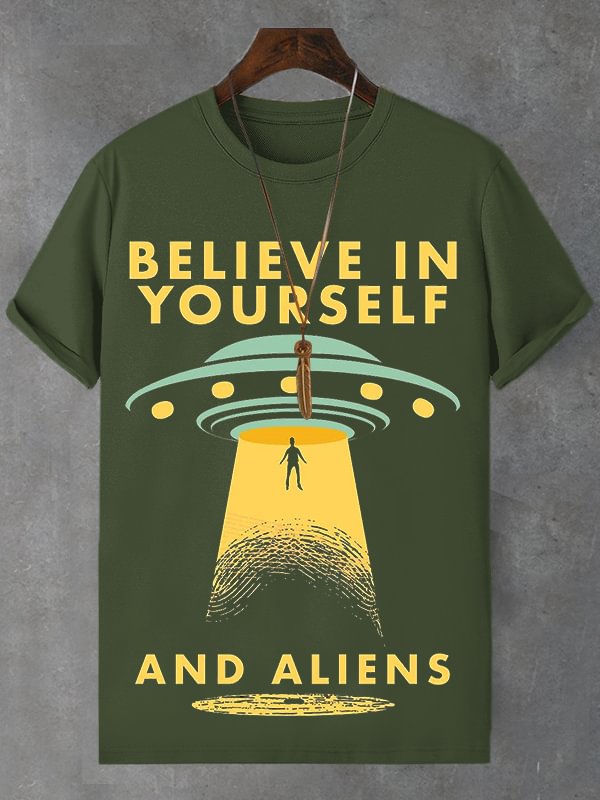 Men's UFO Aliens Believe In Yourself Print Cotton Casual T-Shirt
