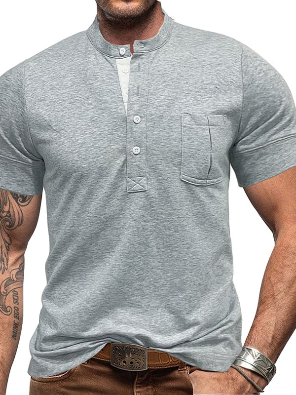 Men's Casual Plain Quilted Pocket Half Button Stand Collar Polo Shirt