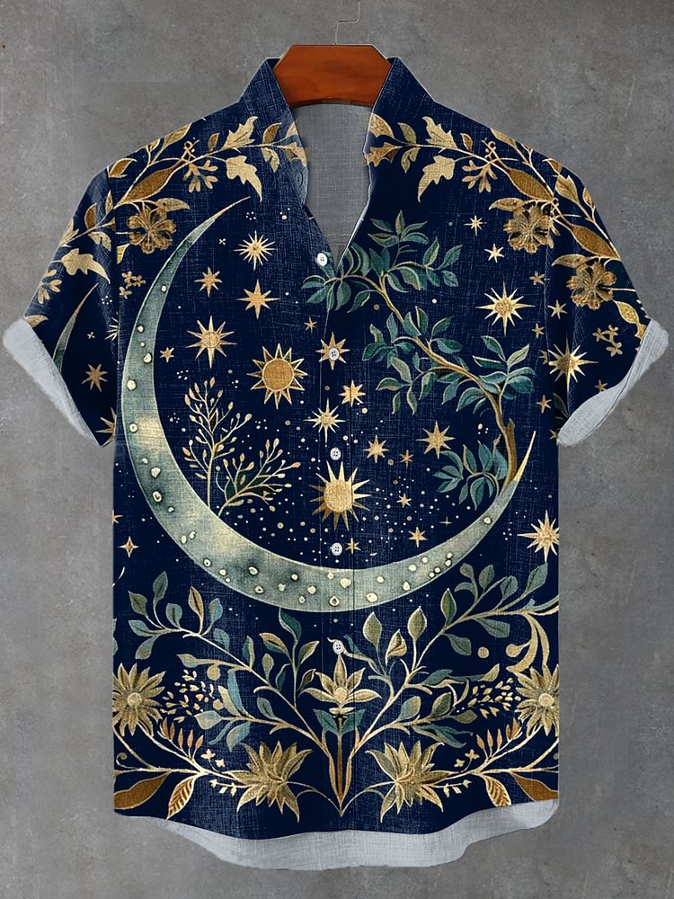 Men's Boho Sun And Moon Mysterious Spiritual Art Print Linen Blend Shirt