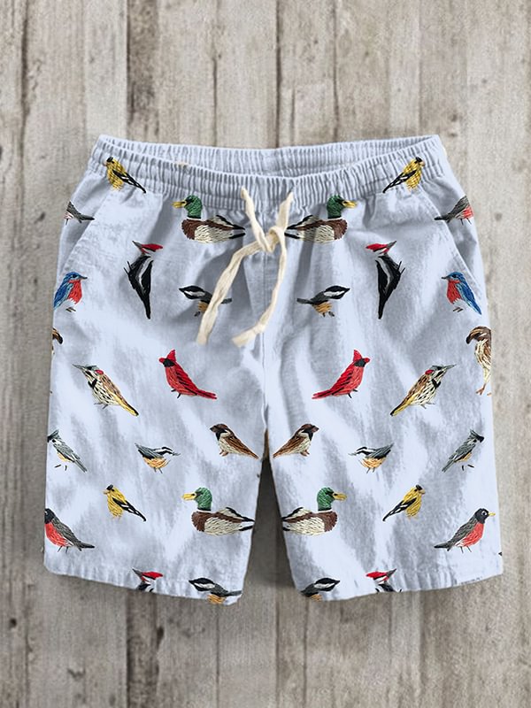 Men's Cute Bird Collector Embroidery Art Print Casual Shorts