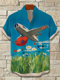Men's Airplane Flying Over Grass Art Print Casual Shirt