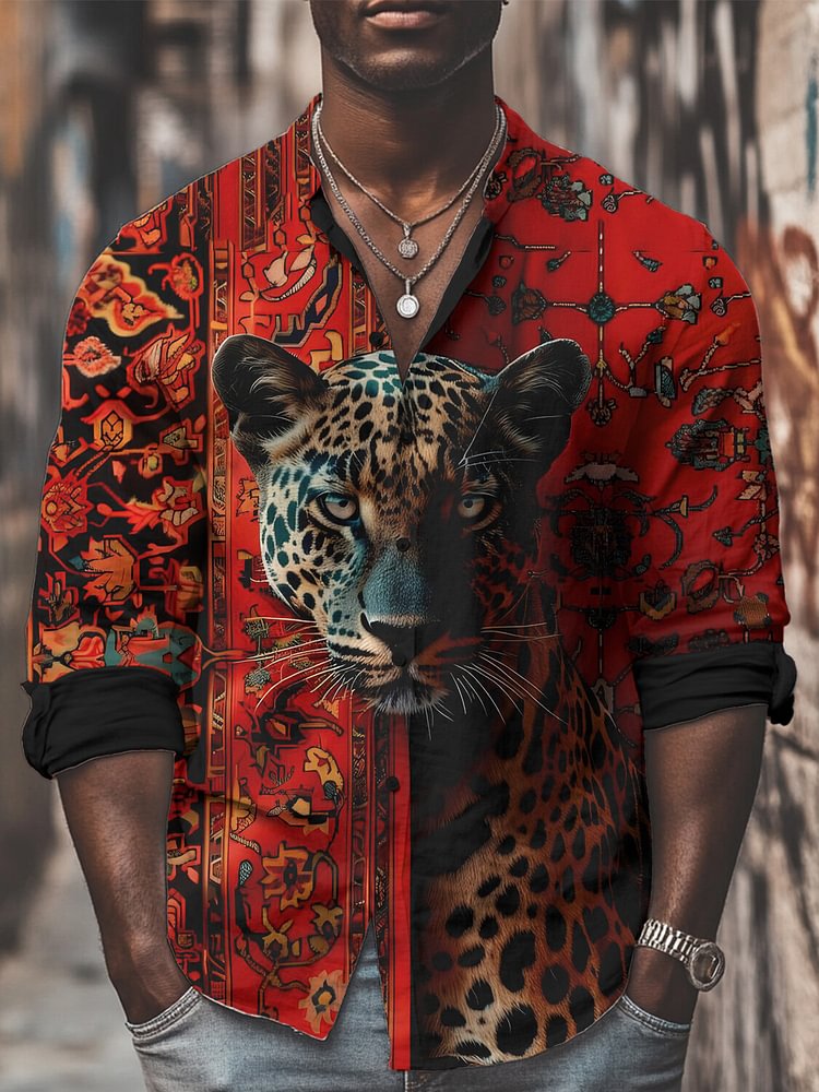 Men's Traditional Flower Pattern Leopard Print Long Sleeve Shirt