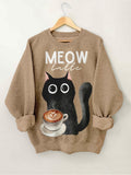 Women's Black Cat Meow Coffee Print Cozy Sweatshirt
