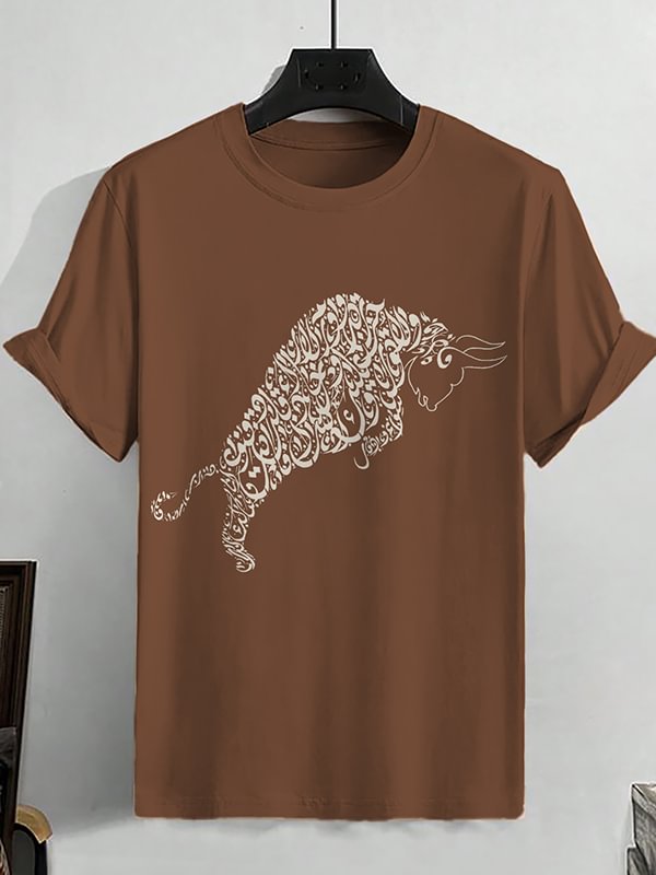 Men's Bull Arabic Calligraphy Graphic Print Cotton Casual T-Shirt