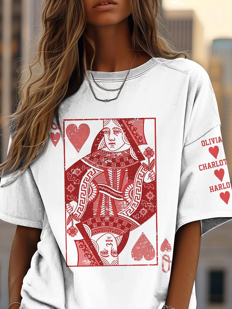 Women's Queen of Hearts Playing Card Print Cotton Casual T-Shirt