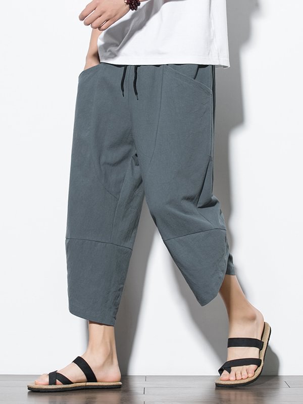 Men's Casual Pocket Drawstring Waist Wrapped Cuff Cotton Linen Crop Harem Pants