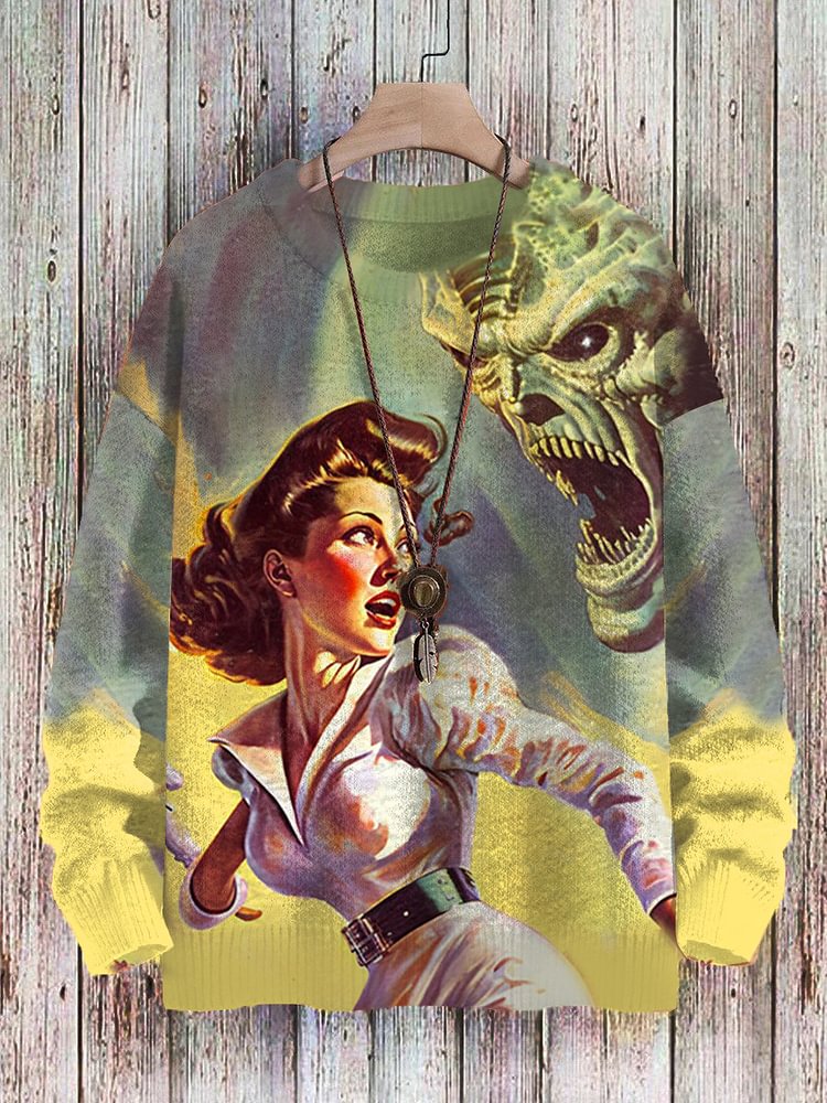 Men's Retro Science Fiction Fun Girl UFO Art Print Casual Sweatshirt