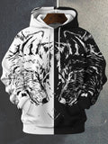 Men's Black And White Werewolf Art Print Casual Hoodie