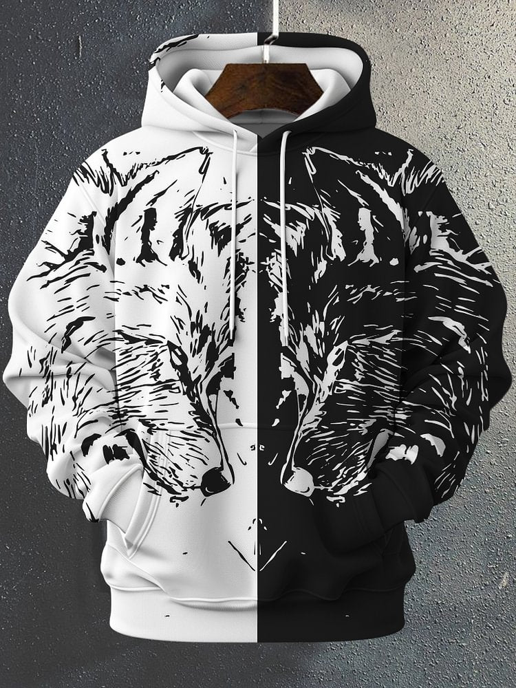 Men's Black And White Werewolf Art Print Casual Hoodie