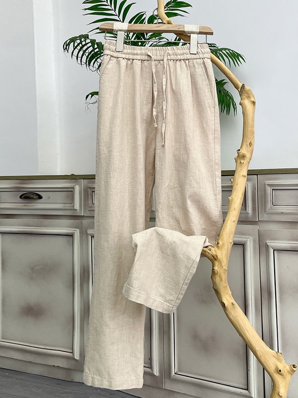 Men's Cotton Linen Plain Elastic Drawstring Waist Wide Leg Pants