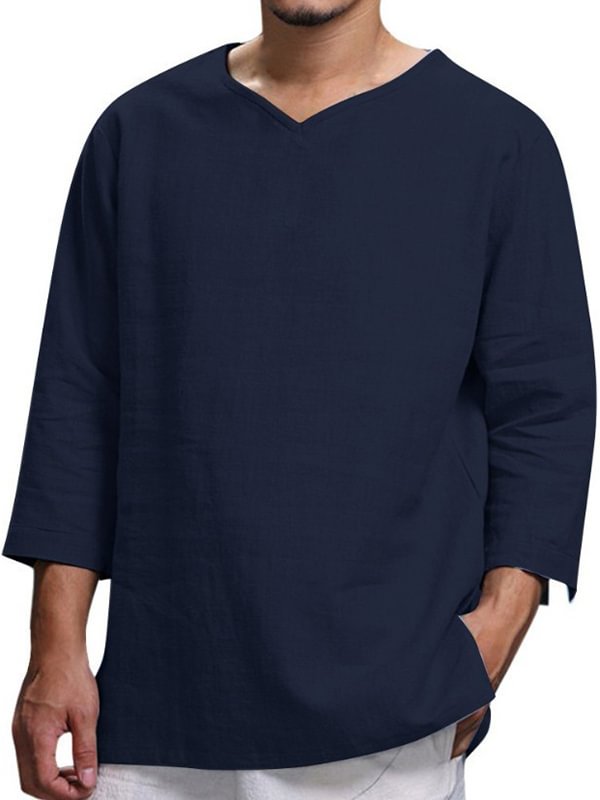 Men's Casual Plain V Neck Three Quarter Sleeve Linen T-Shirt