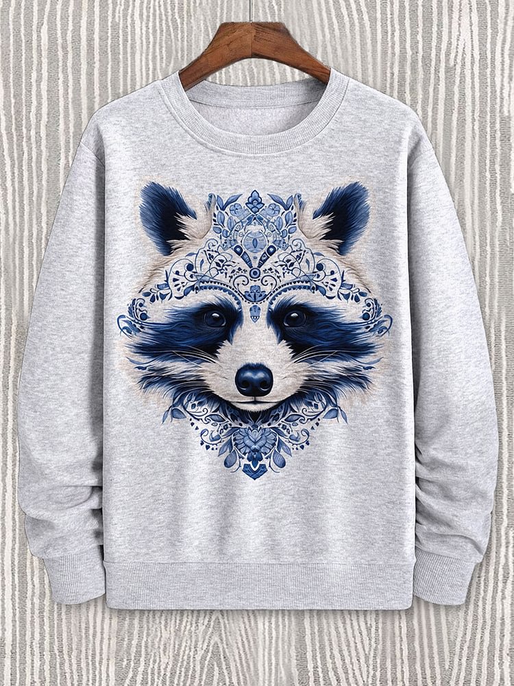 Men's Delft Blue Raccoon Traditional Patterns Art Print Casual Sweatshirt