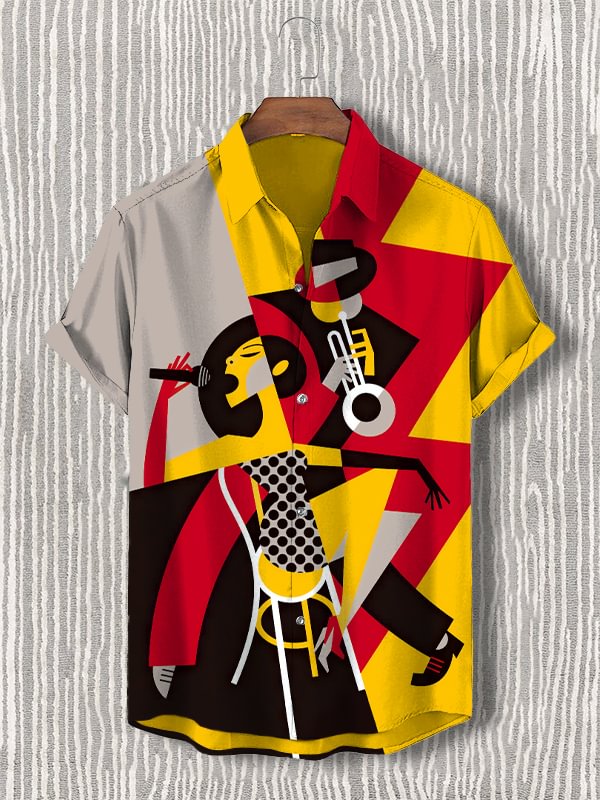 Men's Black Music Geometric Color Block Art Print Casual Shirt