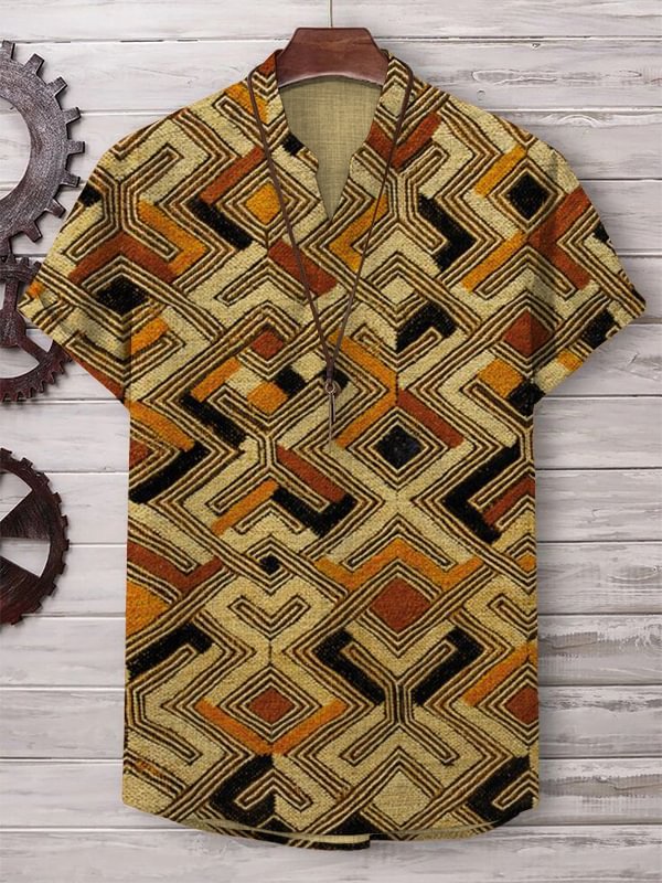 Men's Retro Traditional African Patterns Cotton And Linen V Neck T-Shirt