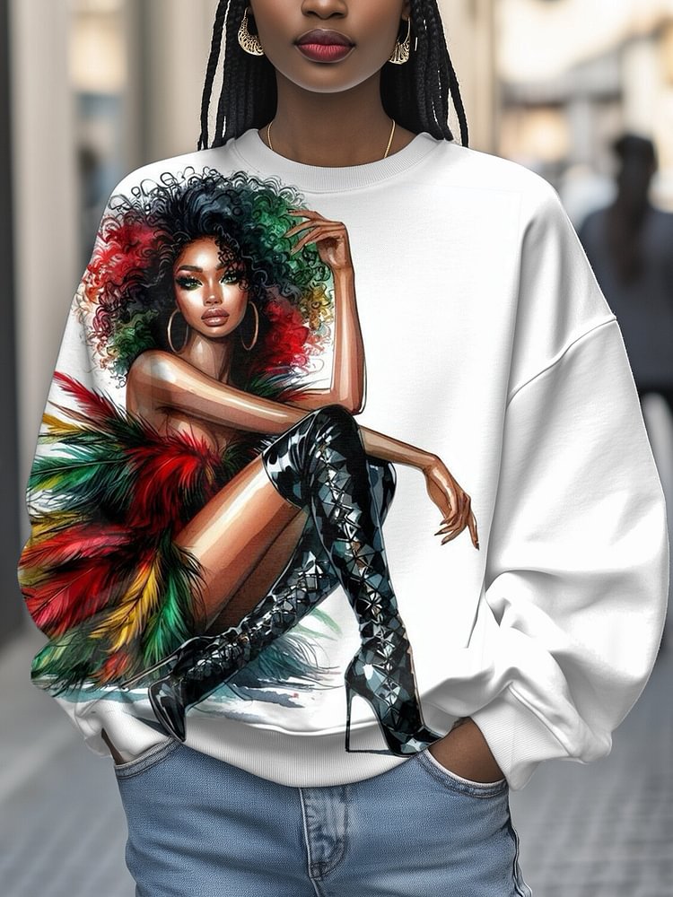 Women's Cool Trendy Feather Dress Black Girl Art Print Casual Sweatshirt