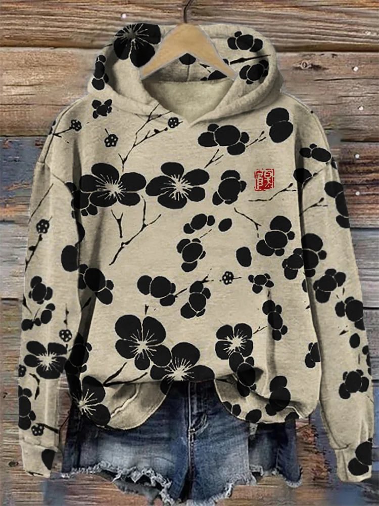 Women's Vintage Cherry Blossoms Graphic Print Hooded Sweatshirt