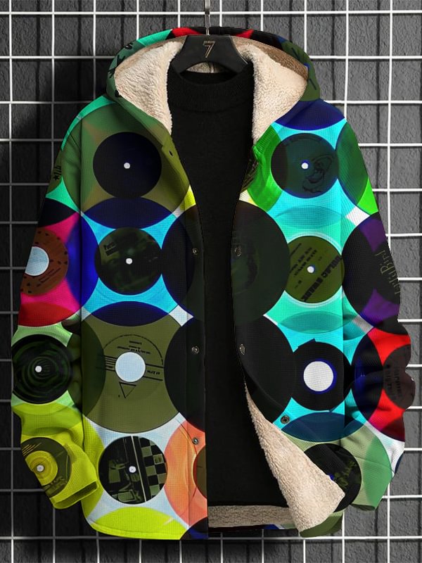 Men's Retro Multicolor Vinyl Records Print Long Sleeve Hooded Jacket