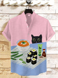 Men's Japanese Ramen Sushi Black Cat Print Linen Blend Shirt
