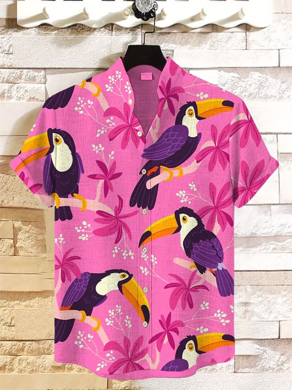 Men's Tropical Toucans Pattern Art Print Linen Blend Shirt