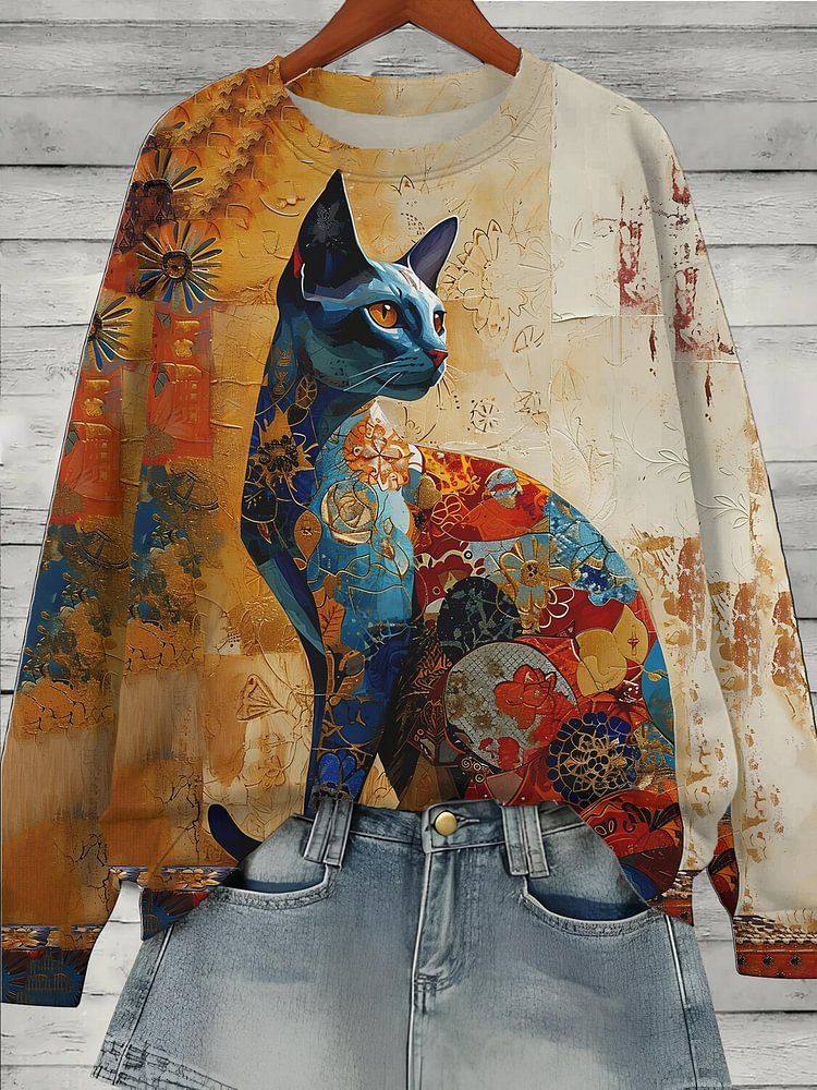 Women's Vintage Cat Floral Patchwork Art Print Cozy Sweatshirt