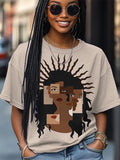 Women's Black Girl Portrait Patchwork Art Print Casual T-Shirt