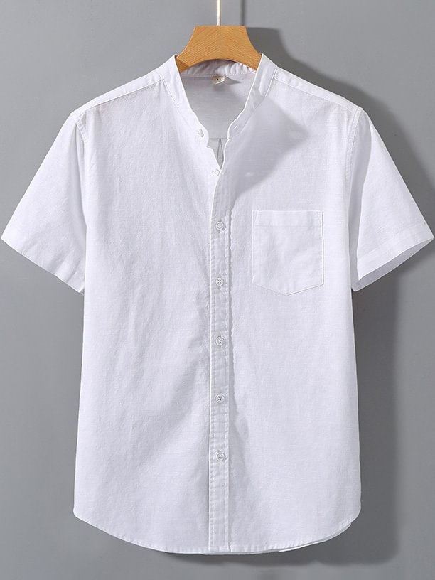 Men's Stand-up Collar Chest Pocket Cotton And Linen Shirt