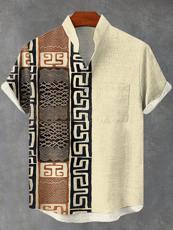 Men's African Primitive Totem Color Block Art Print Shirt