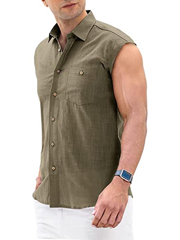 Men's Casual Solid Button Up Turndown Collar Sleeveless Shirt