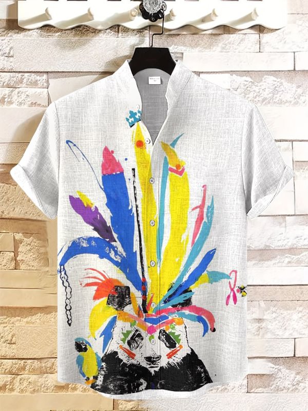Men's Funny Color Blocked Panda Art Print Short Sleeve Casual Shirt