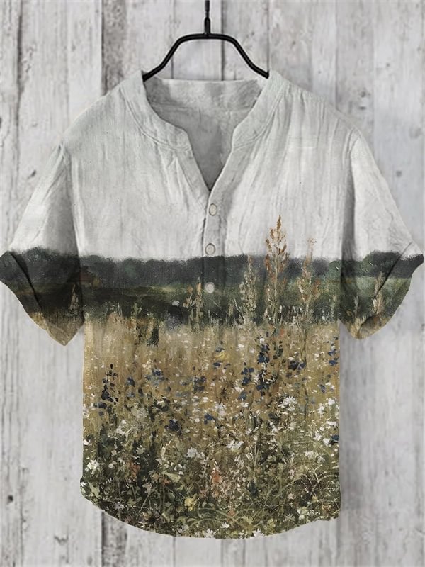 Men's Field Landscape Oil Painting Print Half Button Linen Blend Shirt