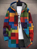 Men's Colorful Colorblock Patchwork Art Print Fleece Lined Hooded Trench Coat