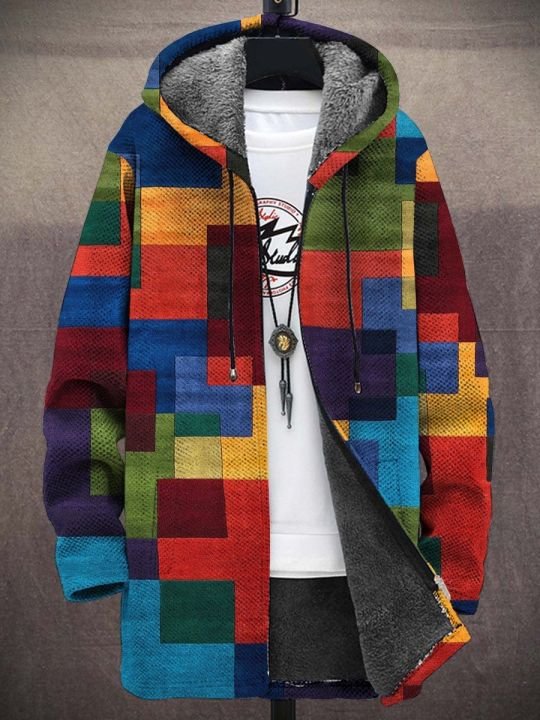 Men's Colorful Colorblock Patchwork Art Print Fleece Lined Hooded Trench Coat