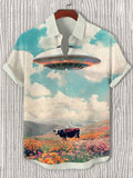 Men's Cow Spotted by UFO in Flower Field Print Casual Shirt
