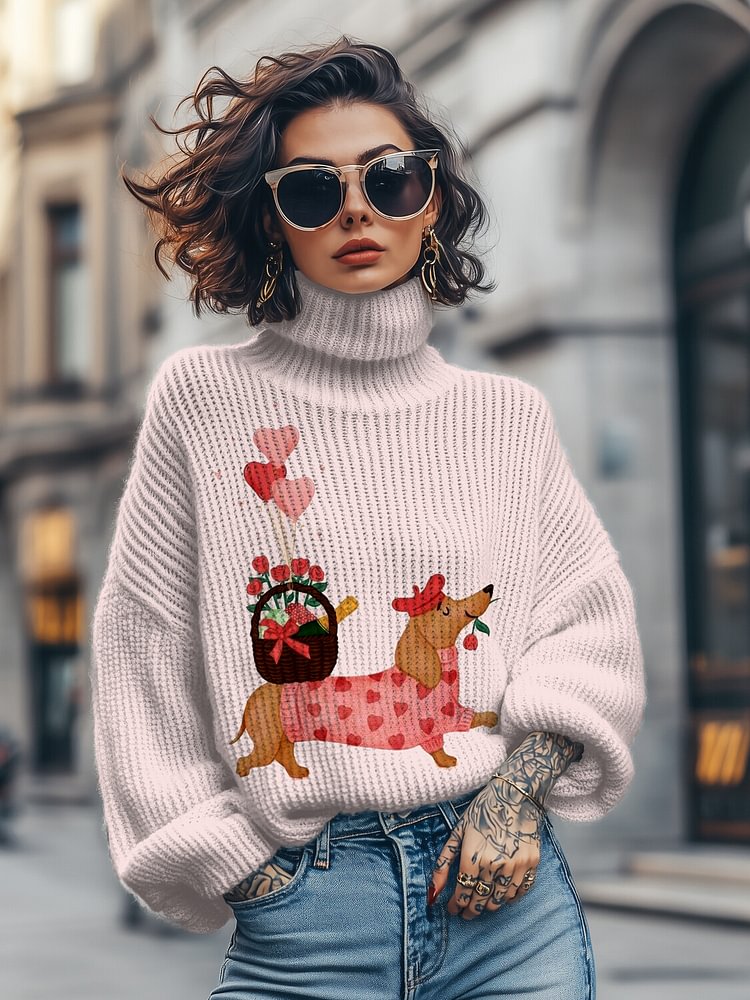 Women's Dachshund Sending Flower Basket Print High Neck Knit Sweatshirt