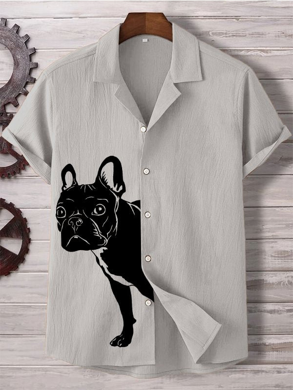 Men's Peekaboo French Bulldog Print Casual Linen Blend Shirt