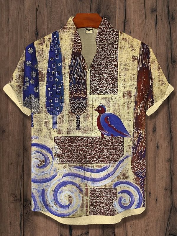 Men's Retro Egyptian Pattern Bird Art Painting Print Casual Shirt