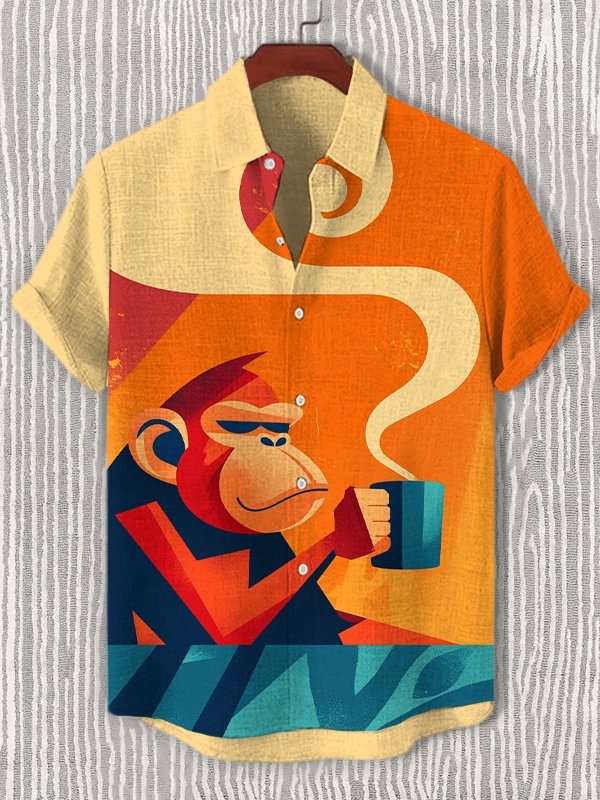 Men's Monkey Drinking Coffee Art Print Casual Shirt