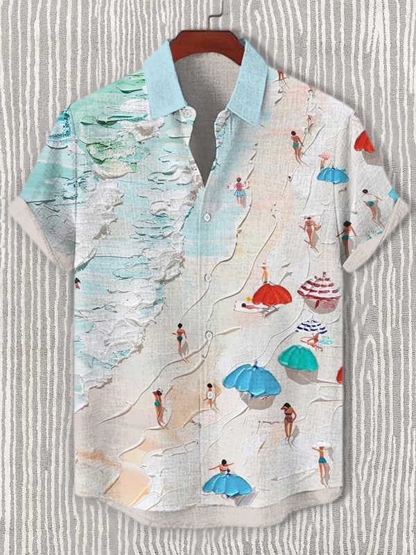 Men's Summer Beach Oil Painting Print Shirt