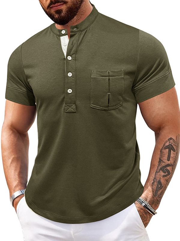 Men's Casual Plain Quilted Pocket Half Button Stand Collar Polo Shirt