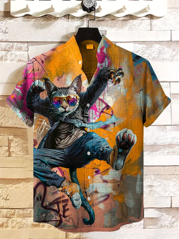 Men's Dancing Cat Hip Hop Street Graffiti Art Print Casual Shirt