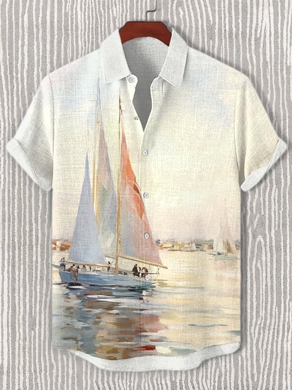Men's Holiday Sailing Boat Art Print Casual Shirt