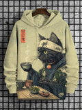 Men's Cat Drinking Tea Japanese Tea Ceremony Art Print Hooded Sweatshirt