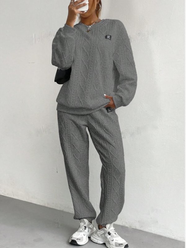 Women's Casual Solid Jacquard Textured Long Sleeve Sweatshirt Pants Matching Set