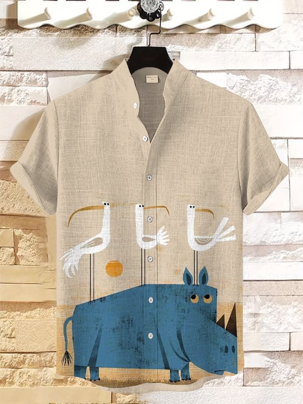 Men's Animals In The Desert Geometry Art Print Short Sleeve Casual Shirt