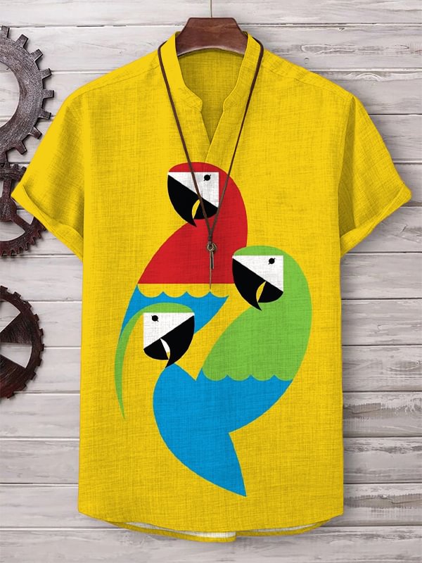 Men's Parrot Color Block Abstract Art Print Short Sleeve V Neck T-Shirt