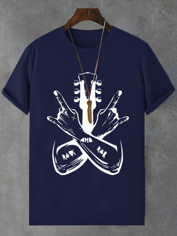 Men's Rock And Roll Guitar Graphic Print Cotton Casual T-Shirt