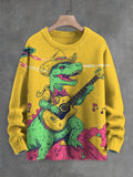 Men's Retro Cowboy Dinosaur Playing Guitar Sci-Fi Art Print Knit Sweatshirt