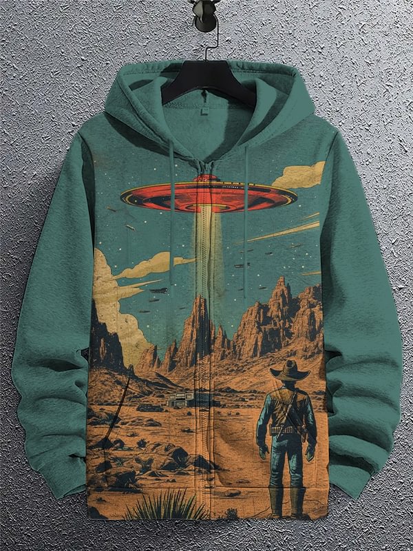 Men's Western Cowboy Meets UFO Art Print Hooded Zip Up Jacket